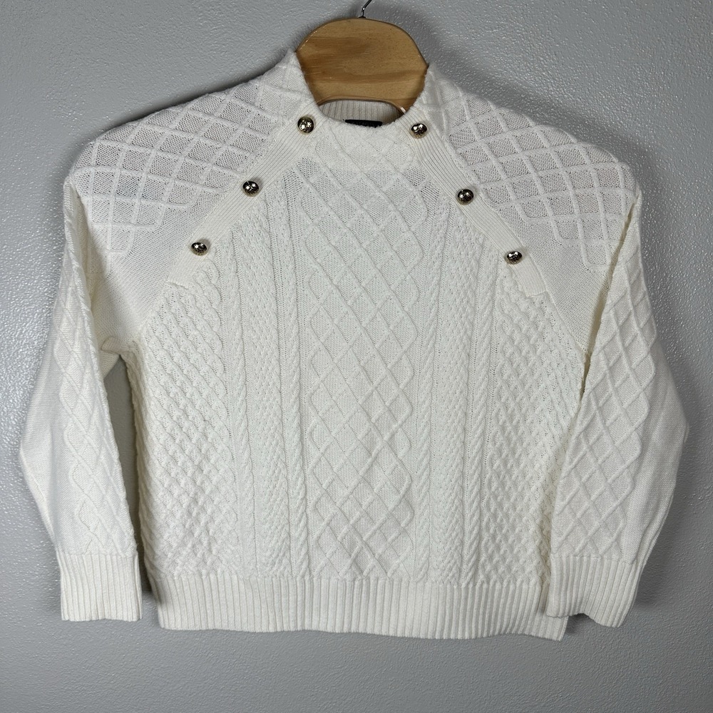 Talbots Womens XLPetite Mockneck Cable Knit Sweater Ivory Cream Gold Button